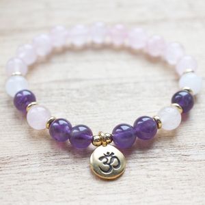 MG1336 Naturel Rose Quartz Poignet Mala Yoga Bracelet Améthyste Cristaux Handamde Bracelet Spirituel Guérison Bijoux Pour Femmes