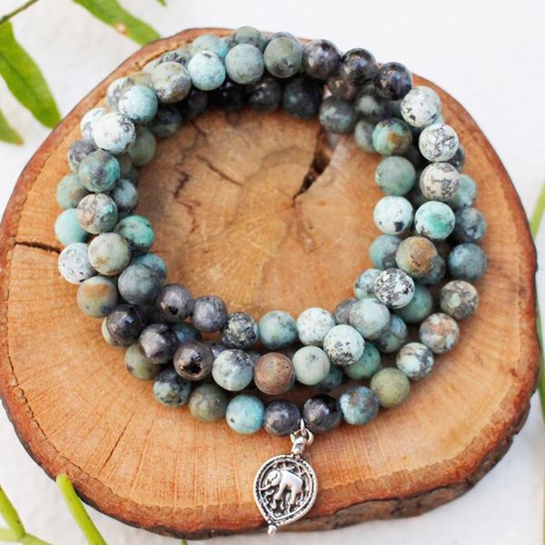 MG1343 Naturel 6 mm Turquoise Africaine Gemme 108 Mala Bracelet Éléphant Charme Yoga Mala Bijoux Cadeaux D'anniversaire Pour Elle