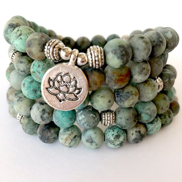 MG1359 8 mm Pierre Turquoise Africaine Mat 108 Mala Bracelet Équilibre Spirituel des Femmes Bracelet Lotus Yoga Mala Perles Bijoux