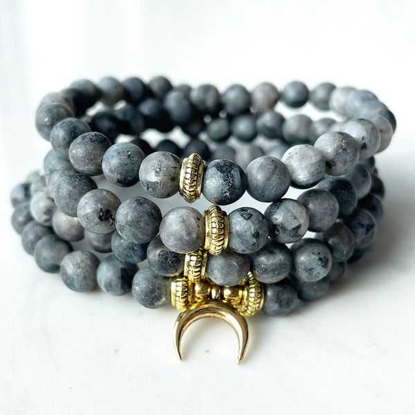 MG1397 6mm Gris Mat Larvikite 108 Mala Bracelet Femmes Yoga Spirituel Wrap Energy Bracelet Nouvelle Lune Charme Mala Bijoux