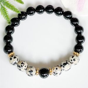 Bracelet en perles de tourmaline noire et de jaspe dalmatien, fil MG1503, pierres précieuses, cristaux de guérison, Mala pour Negative237R