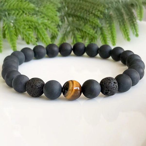 MG1561 Strand Hommes Noir Onyx Diffuseur Bracelet 8 MM Tiger Eye Rock Lava Stone Bracelet Hommes Perlé Pierres Précieuses Energy Bracelets