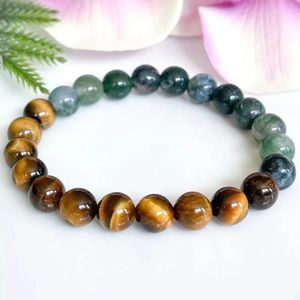 MG1567 Pulsera con cuentas de ágata de musgo y ojo de tigre para hombre, cristales curativos naturales, pulsera de piedras preciosas, joyería para aliviar el estrés y la suerte 240313