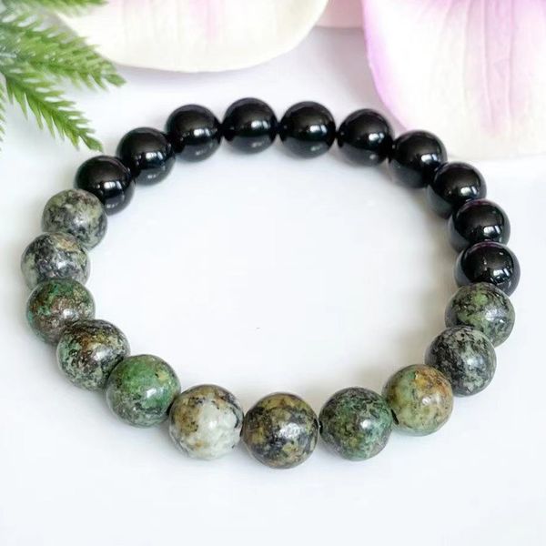 MG1573 Strand 8 mm Black Tourmaline Africain Turquoise Gemstone Bracelet Mens Protection d'énergie Bracelet Yoga Idées de cadeaux