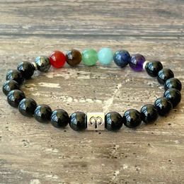 MG1845 Nuevo diseño Zodiaco 7 Chakra Muñeca Mala Turmalina negra Pulsera Protección de energía negativa Joyería