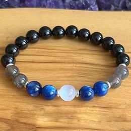 MG1848 8 MM 3A Grade Bleu Kyanite Labradorite Moonstone Noir Tourmaline Bracelet Protection De L'énergie Négative Poignet Mala