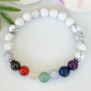 MG1899 8 MM Howlite 7 Chakra Beads Bracelet Womens Gemstone Crown Chakra Wrist Mala Yoga Jewelry