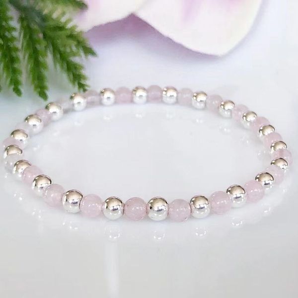 MG1903 4 MM Rose Quartz Argent Perles Bracelet Femmes Pierre Précieuse Coeur Chakra Poignet Mala Yoga Bijoux