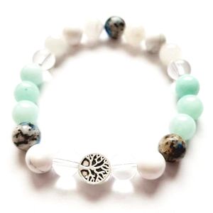 Bracelet mixte en cristal blanc Howlite, pierre de lune, Kiwi, Amazonite, breloque arbre de vie, bijoux de Yoga faits à la main pour femmes, MG2080, 8 MM
