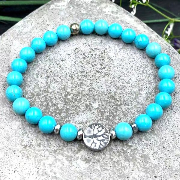 MG2090 6 MM bleu Turquoise hématite perles arbre de vie bracelet à breloques fait à la main Protection énergétique poignet Mala