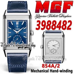 MGF Reverso Tribute DuOface MG3988482 Mens Watch 854A/2 Mechanische handwindende dubbele tijdzone stalen kast blauwe wijzerplaat lederen band super v2 editie eeuwigheid horloges