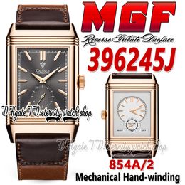 MGF Reverso Tribute Duoface mg396245 Montre pour homme 854A/2 Mécanique à remontage manuel Double fuseau horaire Boîtier en or rose Cadran gris Bracelet en cuir Édition Super V2 Montres éternité