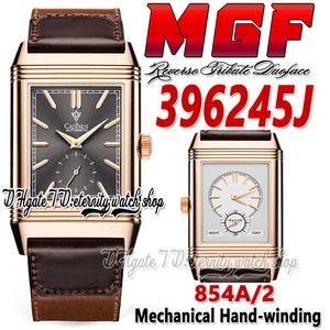 MGF Reverso Tribute DuOface MG396245 Mens Watch 854A/2 Mechanische handwindende dubbele tijdzone Rose Gold Case Gray Dial Leather Riem Super V2 Edition Eternity Watches