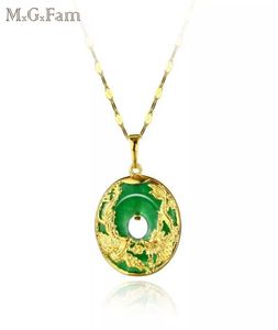 MGFam 173P Collier pendentif dragon et phénix pour femmes vert jade malaisien Chine ancienne mascotte plaqué or 24 carats avec 45 cm Cha9539541