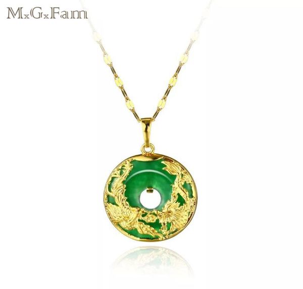 MGFAM 173p Dragon et Phoenix Pendant Collier pour femmes Green Malaysian Jade Chine Mascotte ancienne 24K Gold avec 45 cm CHA1903060