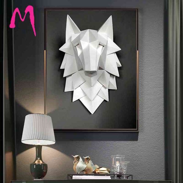 MGT Resina hecha a mano Estatua de arte 3D Resumen Lobo Cabeza Decoración Accesorios Escultura Boda Chrismas Decoración de la pared Craft Artware 210329