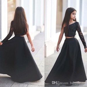 Mhamad Arabic zei zwarte één schouder lange mouw kinderen prom een lijn tweedelige kralen bloemenmeisjes jurken ba b