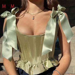 MHCMBSBS Sexy Bow Bandage camiseta mujer elegante Fairy Ruffles Camis correa verde Tank Top verano fruncido sin mangas Y2K ropa 210517