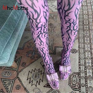 MHCMBSBS Sexy Print Foot Pants Mujeres Y2K Malla Longitud total Pantalones morados Cintura alta Party Club Legging Outfits Bottoms 210517