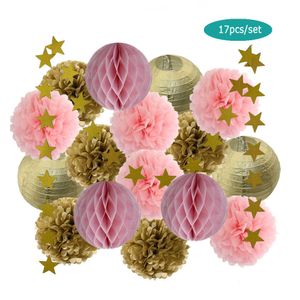 MI Primera Comunion Party Gunst Gouden Ronde Papier Lantaarn Kids Jongen Verjaardag DIY Gift Roze Honingraat Bal Bruiloft Decor Pompoms 210610