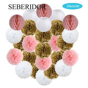 Mi Primera Comunion Party Favor Suspendu Rond Boule De Papier Lanterne Tissu Pompon Or Rose Blanc Pour Fille Baptême Mariage Décor 240127