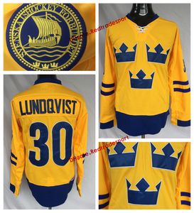 Mi08 2014 Équipe Suède # 30 Maillots de hockey Henrik Lundqvist Hommes Accueil Jaune Henrik Lundqvist Chemises de hockey cousues S-XXXL