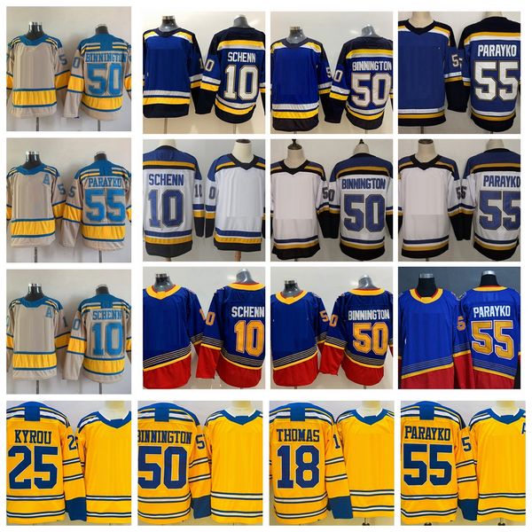 Mi08 2022 Camisetas de hockey retro inversas 55 Colton Parayko 10 Brayden Schenn 50 Binnington 25 Kyrou 47 Torey Krug 18 Robert Thomas Camisetas Rojo Blanco Azul marino