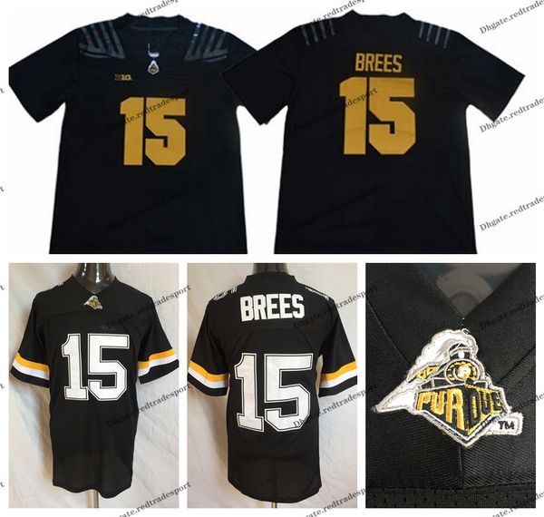 Mi08 Mens Vintage Purdue Boilermakers # 15 Drew Brees College Football Jerseys Retro Home BLack University Football Shirts S-XXXL