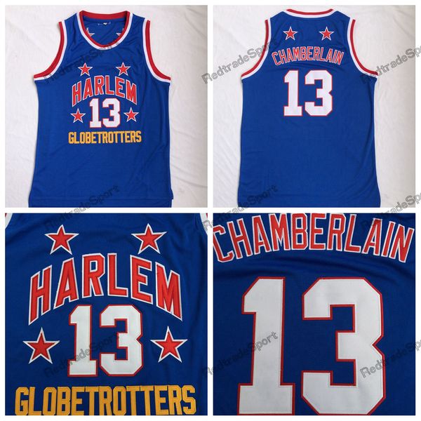 Mi08 Mens Wilt Chamberlain Harlem Globetrotters # 13 Maillots de basket-ball Chemises de broderie bleues vintage cousues S-XXL