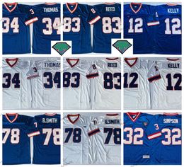 Mi08 Vintage 1994 XXV voetbalshirts 35th Mens 12 Jim Kelly 34 Thurman Thomas 78 Bruce Smith 83 Andre Reed Stitched Shirts 32 OJ Simpson Blue Jersey