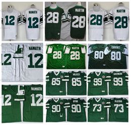 Mi08 Vintage 28 Curtis Martin 12 Maillots de Football Joe Namath 73 Joe Klecko 90 Dennis Byrd 99 Mark Gastineau 85 Wesley Walker 80 Wayne Chrebet Maillot Vert Hommes