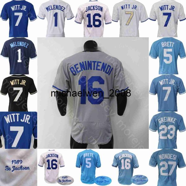 Mi208 MJ Melendez Jersey George Brett Bobby Witt Jr. Andrew Benintendi Zack Greinke Adalberto Mondesi Gris Blanc Noir Bleu Bébé 1985 1987 1989 Cooperstown Taille S-3XL