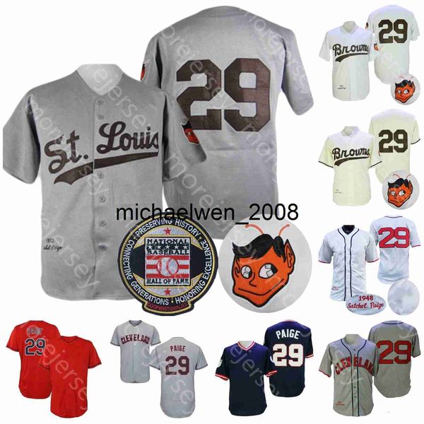 Mi208 Satchel Paige Jersey Hall Of Fame Patch Salute to Service 1948 1953 Crème Gris Blanc Marine Rouge Joueur Drop Shipping Taille S-3XL