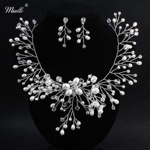 Miallo fait à la main ivoire blanc perles collier et boucles d'oreilles ensembles strass ensemble de bijoux de mariée pour mariée robe de mariée accessoires H1022