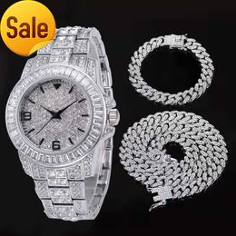 Miami Cuban Link Chain ketting Bracelet Watch Set Iced Crystal Hip Hop Sieraden