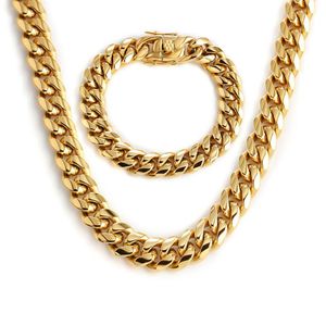 Miami Cuban Link Chains Men Femmes Bijoux Ensembles Hip Hop Colliers Bracelets 316L en acier inoxydable Double Sécurité Lock Clulas Courb Cha220i