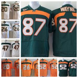 Maillot de football des Hurricanes de Miami En stock 20 Edward Reed 26 Sean Taylor 52 Ray Lewis 47 Michael Irvin 87 Reggie Wayne maillot cousu avec broderie