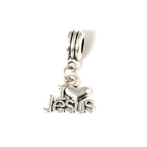 MIC 50 unids / lote Cuelga Plata Antigua Amo a Jesús Religioso Encanto Grandes Cuentas con Orificio Fit Pulsera Europea Charm Joyería 22749