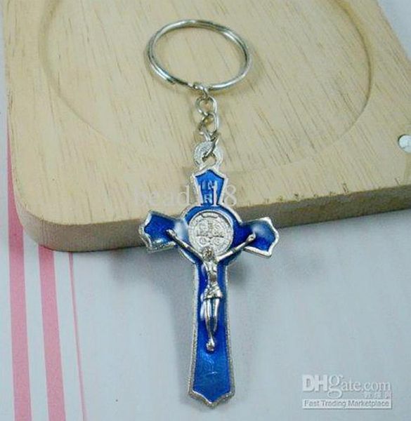 Mic 60pcs Blue Color Emalie Alloy Jesus Christ Cross Charm Chain Key Ring DIY BIELRY6804636