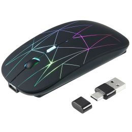 Souris 2.4G Souris sans fil LED Rechargeable Slim Souris silencieuse avec USB et récepteur de type C 2 en 1 pour ordinateurs portables Noir