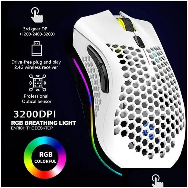 Muizen 2.4G Draadloze Muis Rgb Licht Honingraat Gaming Oplaadbare Usb Desktop Pc Computers Aouse Laptop Gamer Schattig Drop Delivery Networ Otacz