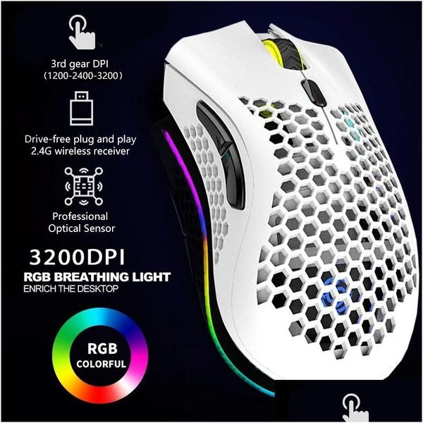 Ratones 2 4g Ratón inalámbrico RGB Light Honeycomb Gaming Recargable USB Desktop PC Computers Aouse Gamer de laptop de la computadora