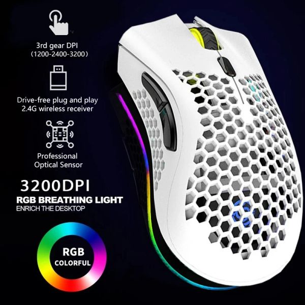 Ratones 2.4g Ratón inalámbrico RGB Light Honeycomb Gaming Mouse Recargable USB Desktop PC Computers Aouse Mice Gamer 2022 Cute