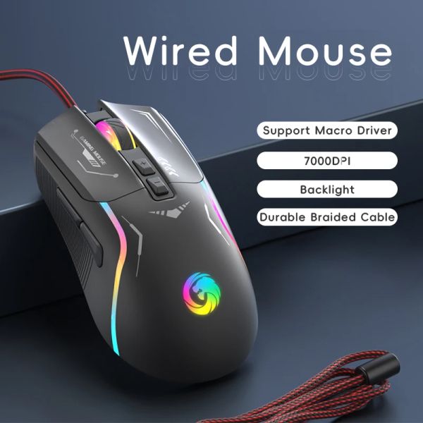 Souris 7200DPI Macro RGB Gaming Wired Mouse 12 touches programmables Game Mouse RGB Light Max à 6 niveaux pour PC Mac Gun Ordinateur portable Gamer Souris