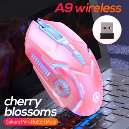 Souris A9 Lumineux Silencieux Gaming Souris Sans Fil Rose Accessoires Informatiques Rechargeable 2.4G USB Souris pour Ordinateur Portable De Bureau