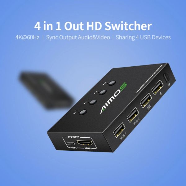 MICE AIMOS USB KVM Switch 4 Port, 4 ordinateurs partageant 4 appareils USB Swapping OneButton, par partage de souris, clavier, imprimante, scanner