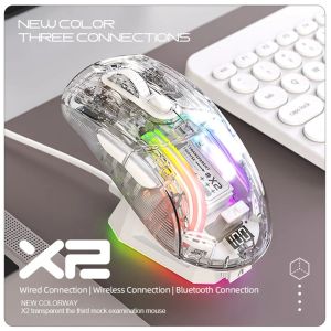 Ratones Attack Shark X2 Pro Magnetic Carging Bluetooth Mouse, trípodo, luces RGB, transparente, indicador de batería, teléfono de la computadora