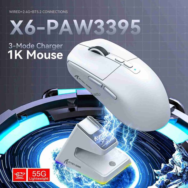 Attaque de souris Shark x6 Bluetooth Mouse Pixart PAW3395 Tri Mode Connexion RVB Touch Magnetic Charge Base Macro Game H240407