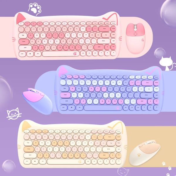 Coup Cat Cat 2.4G Ergonomie sans fil Set Keyboard Set Keycap Keycap Keycap et peigne de souris pour ordinateur portable PC Girls Gift