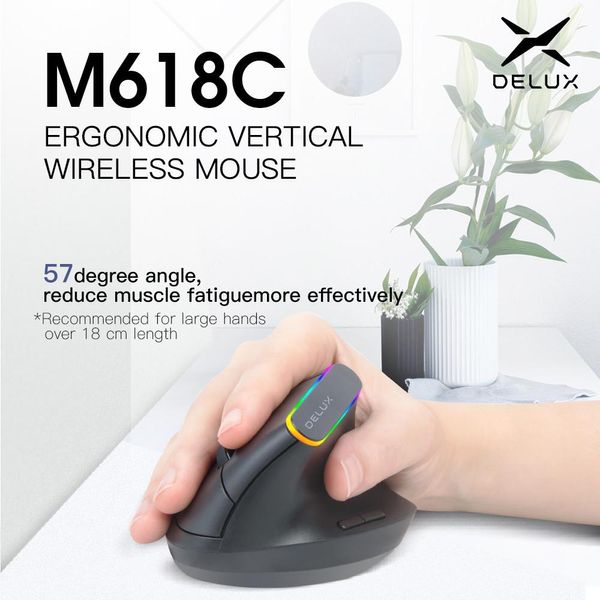 Souris Delux M618C 2.4G souris verticale sans fil ergonomique 6 boutons 1600 DPI souris d'ordinateur Mini USB souris de jeu de lumière colorée pour ordinateur portable